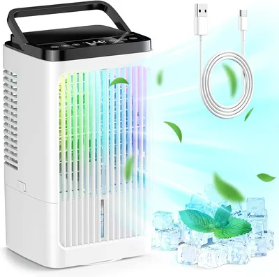 Aire Acondicionado Portátil 4 en 1, 1200ml, Refrigerador de Aire, 4 Velocidades, 2 Nebulización, 7 LED, Temporizador de 1-8H para Camping