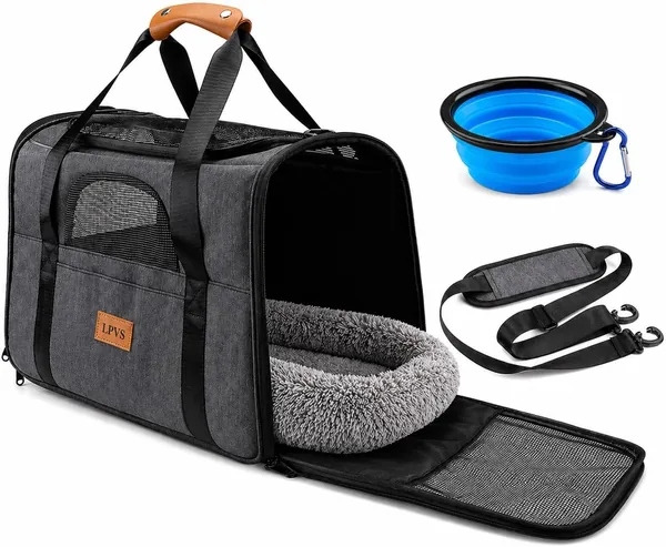 Sac de transport pour chat ou chien - Boîte portable respirante avec matelas doux + bol - Cage de transport jusqu'à 7kg - Per