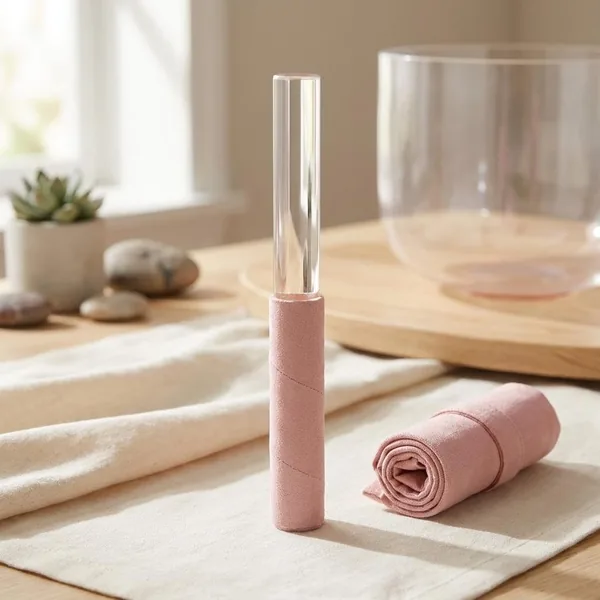 Tazón de vidrio acrílico rosa para cuencos tibetanos con mango y bolsa, accesorio para meditación