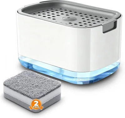 Bebeay Dispensador De Jabón Cocina, 2 en 1 Jabonera Trastes con 2 Esponjas | Base Antideslizante, Reutilizable, Asistente de Limpieza