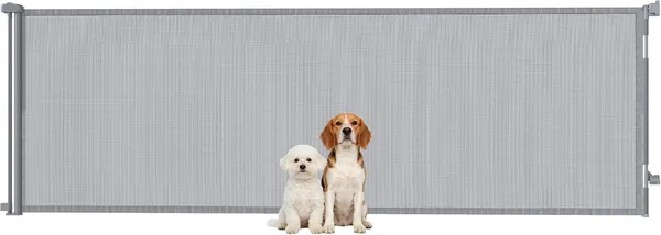 PawHut Retractable Dog Gate, 41" Tall, Extends to 122" Wide, Mesh Pet Gate with Single Hand Operation, for Stairs, Doorways, Indoor and Outdoor, Grey