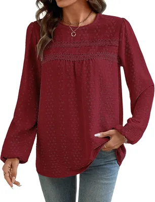Yusongirl Women’s Swiss Dot Long Sleeve Blouse Boho Crewneck Flowy Top