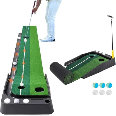 Tapete de Golf Compacto Portátil con Sistema de Retorno de 3 m, Doble Pista para Práctica de Putt