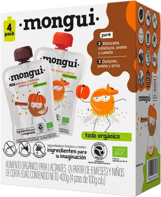 Snack orgánico para peques | Pack 4 pouches Mix Cosecha - Durazno, Calabaza, Arroz y Canela | Sin azúcares añadidos | BPA Libre