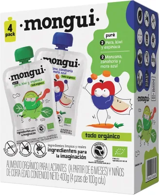 Snack orgánico para peques | Pack 4 pouches Mix Verde - Kiwi, Mora Azul, Zanahoria y Espinaca | Sin azúcares añadidos | BPA Free
