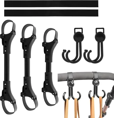 3 Pcs Stroller Connector Clips + 2 Pcs Double Rotating Hooks Set - Adjustable 20-26cm Aluminum Alloy Frame Connectors with PP