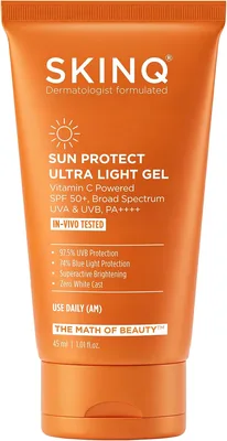 SKINQ सन प्रोटेक्ट जेल सनस्क्रीन SPF 50+ PA++++ विटामिन C के साथ | नॉन-व्हाइट कैस्ट | UVB सुरक्षा | हल्का, ग्रेसी नहीं