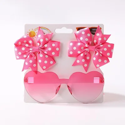 Juego de pinzas para el pelo y anteojos de sol de corazón, color rosa intenso, lazos para el pelo de lunares con bonitos lentes - Mejor Oferta