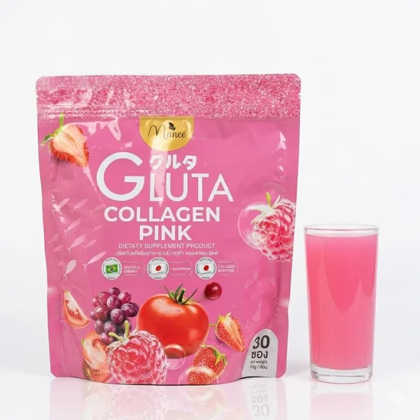 Manee Gluta Collagen Pink Drink Powder - 30 Sachets (10g Each) - Collagen & Antioxidant Blend - Berry Flavor Dietary Supplement