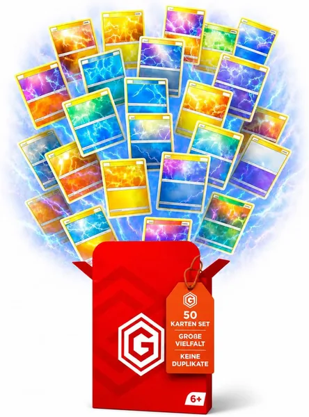 Deutsche Trading Card Set - 50 verschiedene Karten mit Holo und Reverse Holo - Ohne Duplikate - Inkl. Trading Box Com