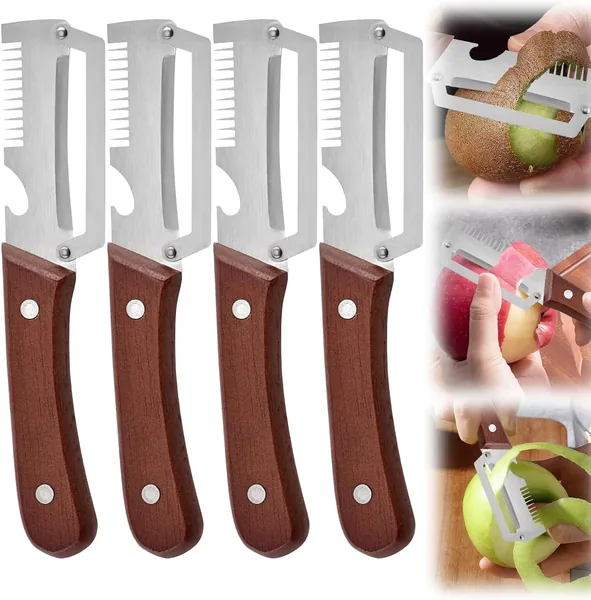 3-in-1 Multifunktionaler Gem sesch ler f r die K che,4St ck Sparsch ler mit Holzgriff & integriertem Flaschen ffner,Zero Snag Holzsch ler f r Obst,Gem se & Fleischscheiben Wasserme
