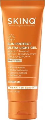 SKINQ सन प्रोटेक्ट जेल सनस्क्रीन SPF 50+ PA++++ विटामिन C के साथ | शून्य व्हाइट कैस्ट | UVB सुरक्षा | हल्का, ग्रेसी नहीं | 70% ऑफ