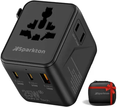 Universal Travel Adapter 25W GaN III Fast Charging, 2 USB-C + 1 USB-A Ports, Works in 200+ Countries