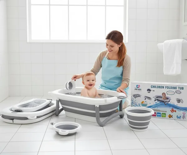Children Folding Tub, Collapsible Baby Bath Set, Bear Style Grey & White, 5 in 1 with Wash Basin and Cup