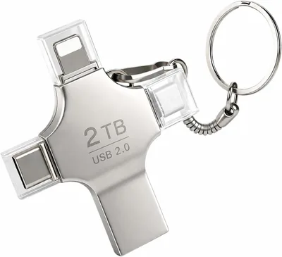 Memoria USB Genérica 4 en 1, 2TB, Plata Metálica con Llavero, Compatible iPhone, iPad, Android y PC
