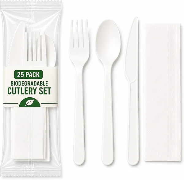 25 Pcs 17 cm Compostable Cutlery Set, Heavy Duty, Individually Wrapped (25 set of Fork, Spoon, Knife, Napkin) Biodegradable Flatware for Party, Wedding, BBQ, Camping & Picnic