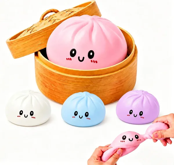 Dumpling Squishy with Steamer Box,Mystery Kawaii Bao Bun, Slow Rising Sensory Stress Fidget for Office Focus,Surprise Desk Pet & Party Favor Gift (Pink)