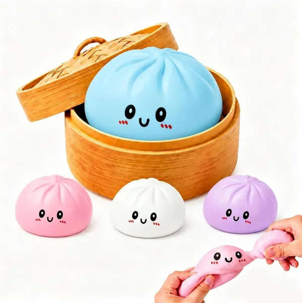 Dumpling Squishy with Steamer Box,Mystery Kawaii Bao Bun, Slow Rising Sensory Stress Fidget for Office Focus,Surprise Desk Pet & Party Favor Gift (Blue)