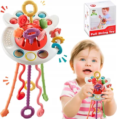 Montessori Pull String Toy for Babies 18+ Months - Silicone Sensory Toy, 4 in 1 Multi-Function Baby Rattle