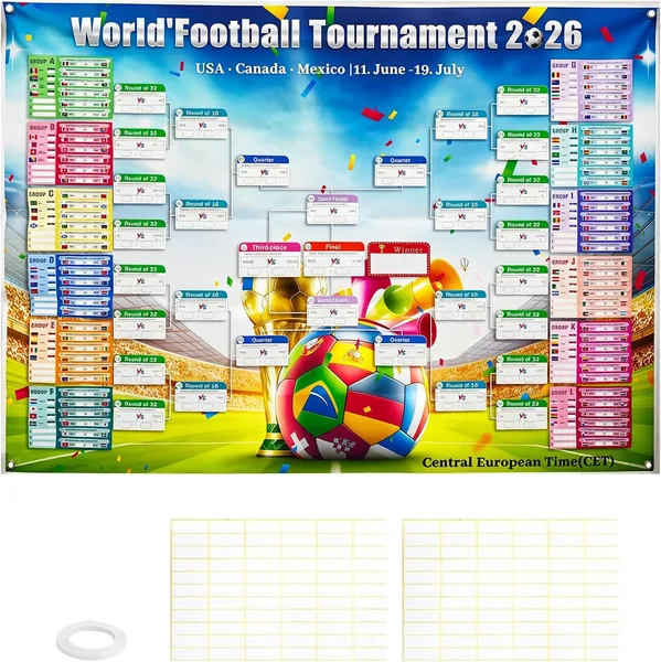 Poster Calendrier de la Coupe du Monde 2026 Xiujuers, Affiche Football 150 x 100 cm avec 48 Pays Phase de Groupe et Finale