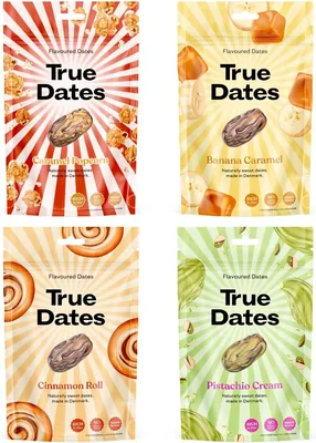 True Dates - Tasting Set 4 Varieties | Pistachio Cream, Cinnamon Roll, Banana Caramel, Caramel Popco