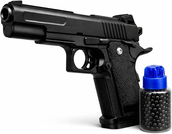 Pistolet à air comprimé - Balle en mousse noire - Taille 23 cm et 17 cm - avec 400 balles et distributeur inclus - Puissance réplique airsoft : 0.5 Joules