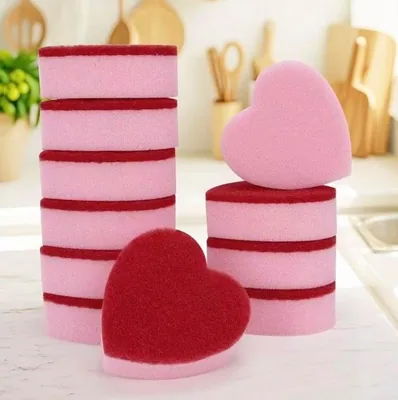 Heart-Shaped Cleaning Sponge - Pink & Red, Multi-Purpose for Kitchen & Bathroom, Dual Sided with Scourer