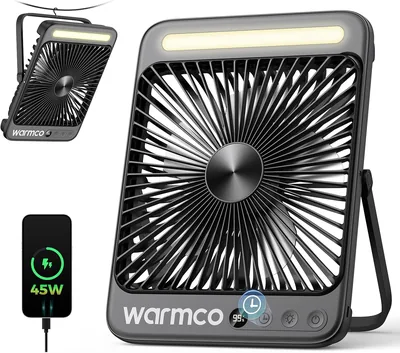 Warmco D4 Max Batterie-Campingfan 20000 mAh, 45 W Schnellladung, 8h Timer | 2,5 Stunden Vollladung, LED-Laterne & Haken, leise