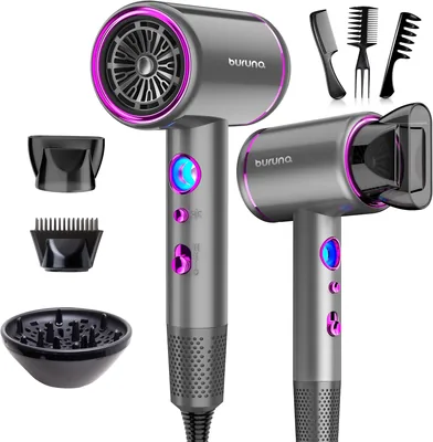 Secadora de Cabello Profesional Buruna 2000W Íonica para Secado Rápido con Difusor Grande, 2 Boquillas y 3 Peines