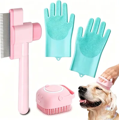 Kit de Aseo UEBSDVA para Perros 3 Piezas - Guante Antiarañazos + Cepillo Autolimpiante + Cepillo de Baño con Depósito, Herramienta Completa para Cuidado Canino, Mejor Oferta