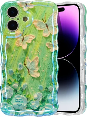EYZUTAK Case för iPhone 17, Fargrik Ölgmål Blumen, Släkt Grön | Laser Glossy Flower Pattern, Cute Curly Wave, Exklusiv