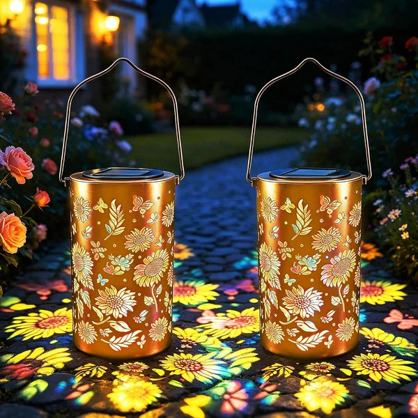 VEEKAY 2 Stück Solarlaterne Außen, Sonnenblumen Lampe IP65 Wasserdicht Metall LED Warm