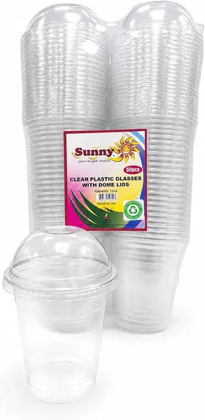 Sunny Clear Plastic Cups with Dome Lids, 12oz (Pack of 50) - Reusable Transparent Cold Drink Cups for Iced Coffee, Juice & Smoothies - Leak-Resistant