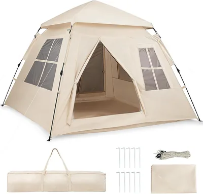 COSTWAY Pop Up Tent 4 Personer med 2 Mesh-dörrar och 4 Mesh-fönster, Kampingtent Med Regnskydd och Lamphänger, Strand Tent