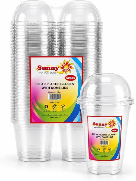 Sunny Clear Plastic Cups with Dome Lids, 14 oz (Pack of 50) - Reusable Transparent Cold Drink Cups for Iced Coffee, Juice & Smoothies - Leak-Resistant