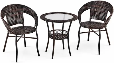 Home Mart Rattan Bistro Set - 3-Piece Outdoor Patio Table & Chairs, Glass Top, Wicker Style, 25% Off
