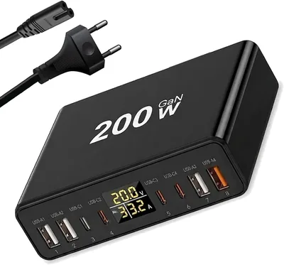 8-Port USB C Ladestation, 200W GaN Multiport Fastladdare med Digitalt Strömforsyningsvisning, PD QC3.0 PPS Murladdare Bloc