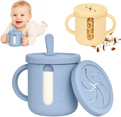 Vasos Entrenadores para Bebé con Popote y Asas, 2 Pack Antiderrames, Vaso 2 en 1 con Tapa para Snacks, Válvula de Seguridad