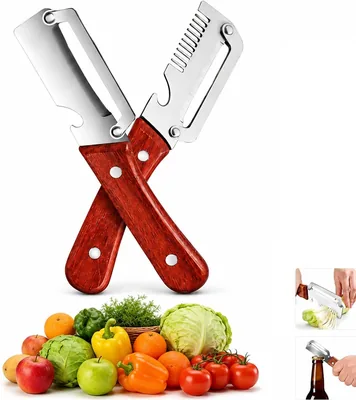 Pelatore Multifunzionale - Coltello da Cucina in Acciaio Inox 3-in-1, Manico in Legno Ergonomico, Affettatrice Julienne e Apri Bottiglie