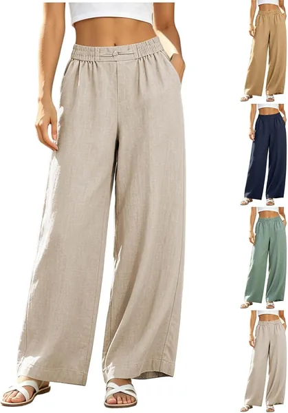 Linen Pants Women 2026 Summer Wide Leg Summer Cotton Casual Palazzo Pant Boho Flowy Beach Vacation Pants with Pockets