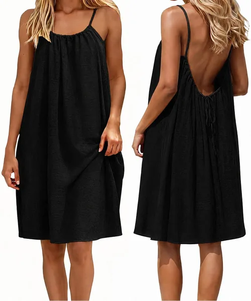 Robe de plage GRMLRPT pour femmes sans dos noir à straps spaghetti fluide mini robe d'été légère