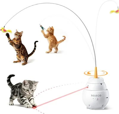 ROJECO Interaktives Jagdspielzeug für Katzen mit Laser und Angelrute – 3 Betriebsarten und starke Saugnapf-Technologie, USB
