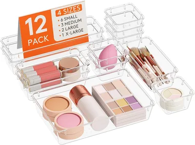 Organizadores de cajones transparentes Lifewit, divisores de escritorio, bandejas de almacenamiento, cajas divisorias para maquillaje, joyería, bisutería (Conjunto de 12)