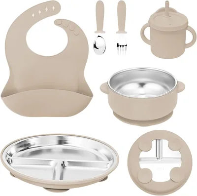 Conjunto de alimentación para bebés Guyisile de acero inoxidable con taza de succión | Plato dividido con succión, bol, taza con pajita, babero, cuchara