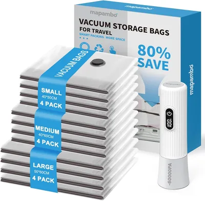 Sacs de vidage pour vêtements avec pompe électrique - 60 000 Pa, 12 unités en 3 tailles (40 x 50 / 40 x