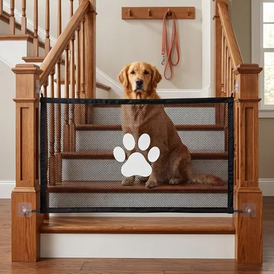 Puerta extensible para mascotas con malla de polietileno duradera y marco de plástico, puerta de aislamiento de seguridad por