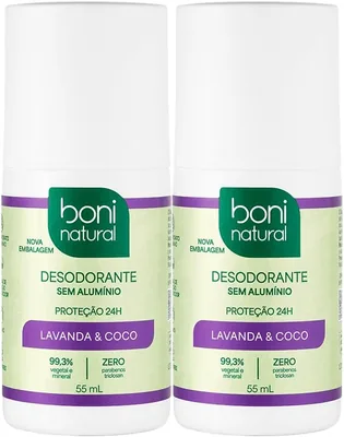 BONI NATURAL - Desodorante Roll-On sem Alumínio, Natural, Vegetal e Vegano, Coco e Lavanda, 55ml, 2 unidades Leve Mais Pague
