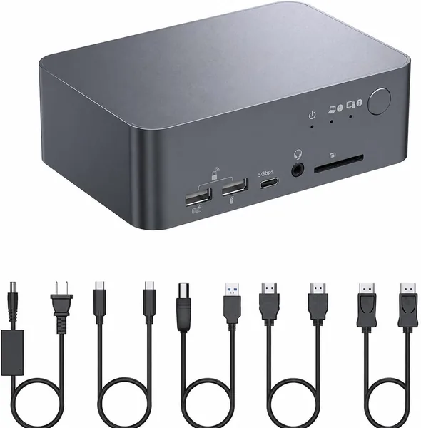 محطة تكبير USB-C مع مفتاح KVM لدعم شاشتين، 4K@60Hz، محاكاة EDID، 3 منفذ USB 3.0، إيثرنت، 60W توصيل بالطاقة