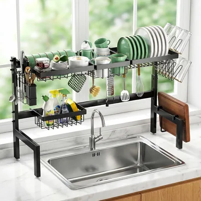 Gabeeriso Over Sink Dish Drying Stand - Expandable 2-Tier Stainless Steel Rack