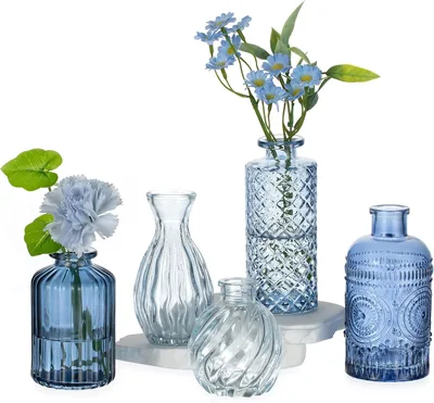 Glasseam små glasvaser: 5 st. blå budvaser för hemmet | Vaskor set för planter, kontor och kök